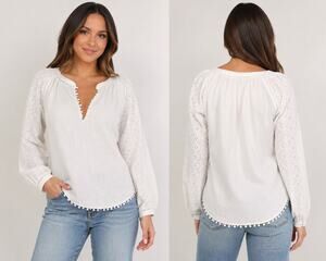 Purotatto Italy White Linen Blend Eyelet Sleeve Boho Blouse Size Small Oversized